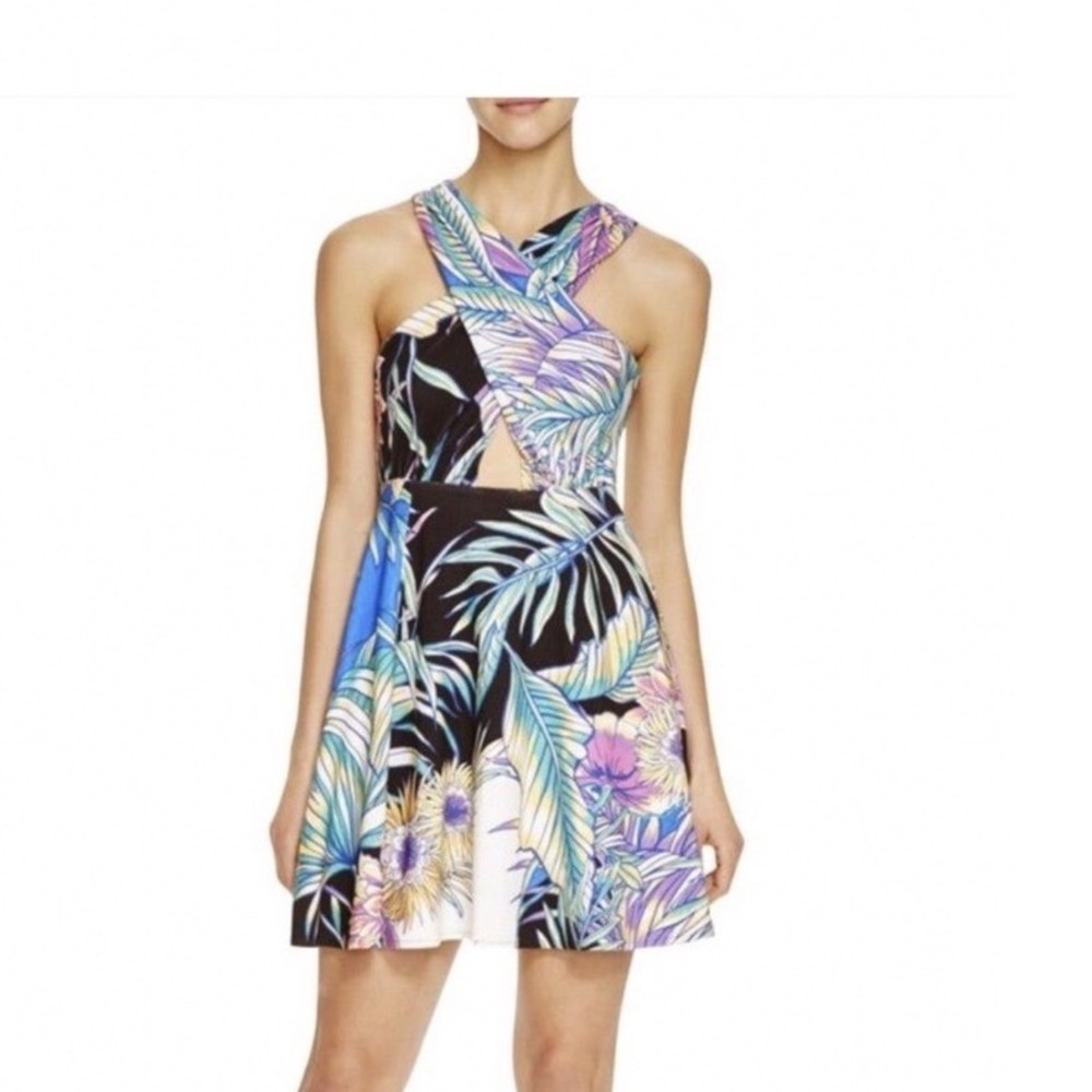 Mara Hoffman Viva Crossover Front Cutout Tropical Floral Mini Dress Blue Large
